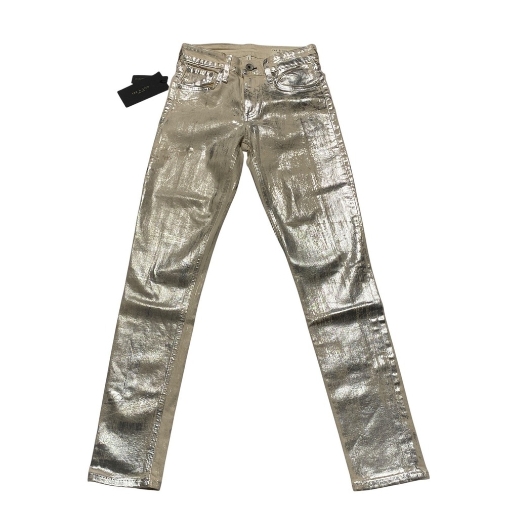 Rag & Bone Cate Mid-Rise Ankle Skinny Jeans Moonshine Silver Metallic Size24 NWT